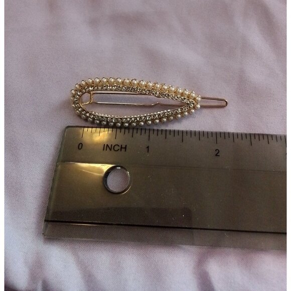 Vintage Gold Tone Faux Pearl & Rhinestone Hair Clip Barrette - Picture 2 of 3